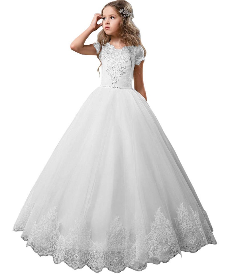 PLwedding Flower Girl Dress Kids Lace Beaded Pageant Ball Gowns (Size 10, White) - Image 1